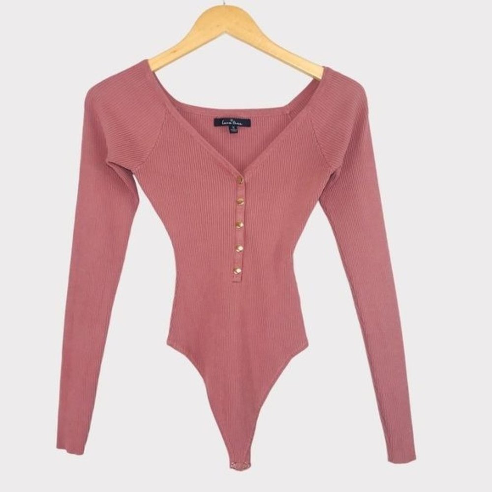 LOVE TREE Ribbed Knit Long Sleeve Bodysuit Pink Women's Size Small